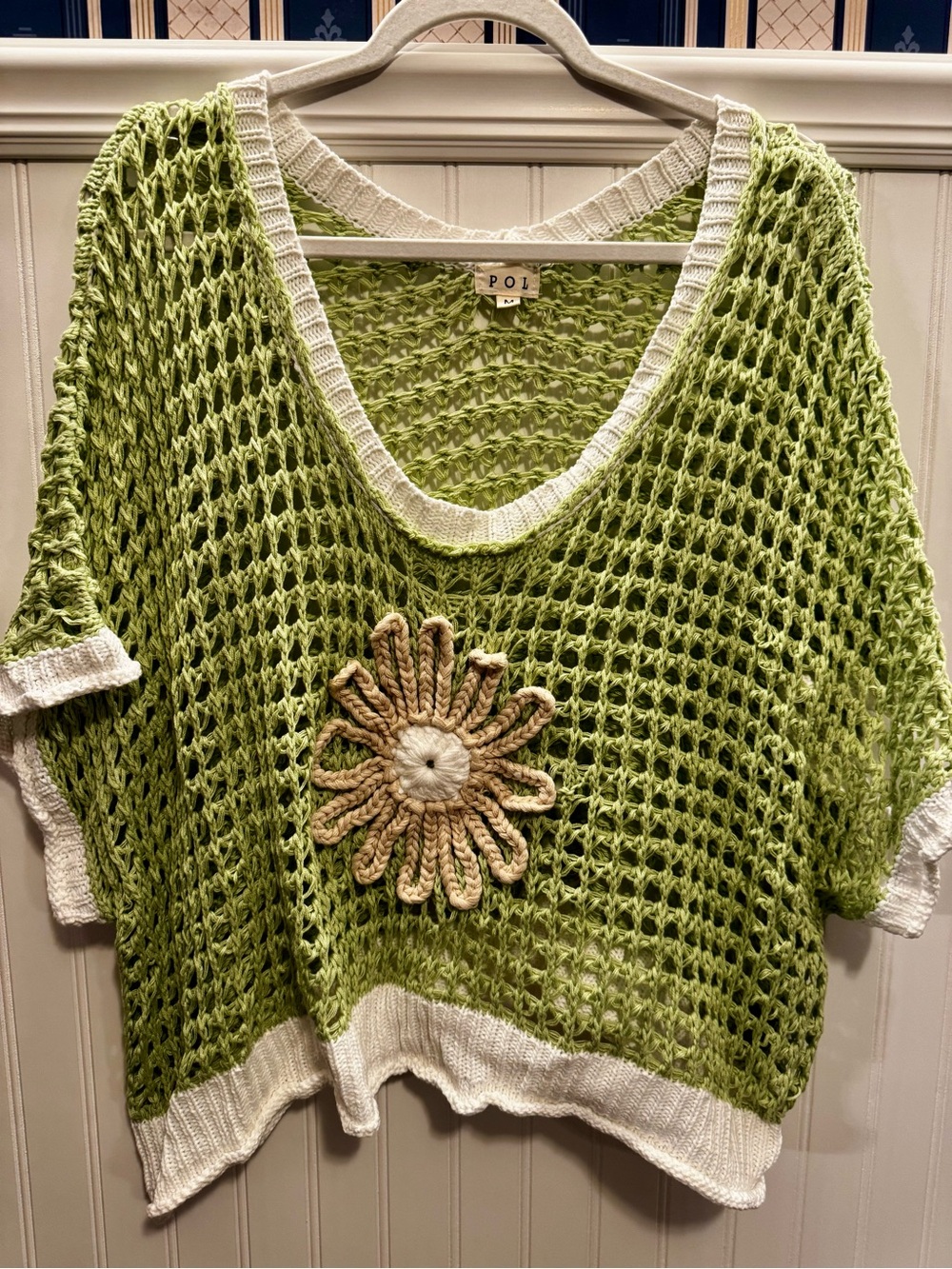 POL Light Green Crochet Top with White Trim Accent